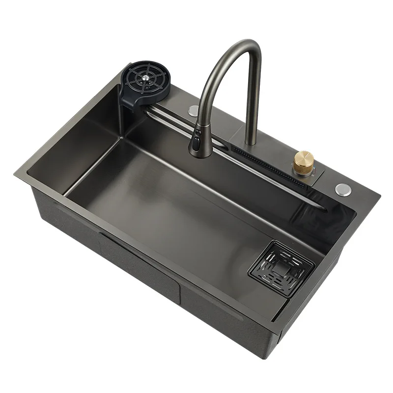 

Complete Whole Set Waterfall Kitchen Sink Stainless Steel Sinks Big Single Bowl with Dish Rack Under Mount Sinks