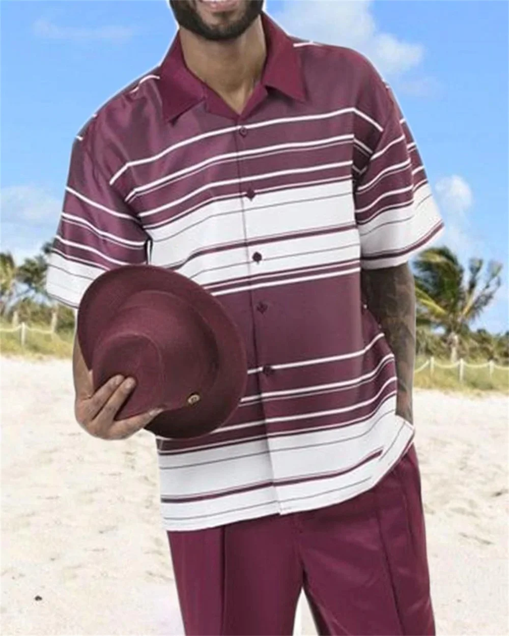 Summer New Hawaii 3D Digital Print Two Color Stripe Walking Suit Men's Short sleeved+Suit Long Pants Casual Suit Shirt and Pants