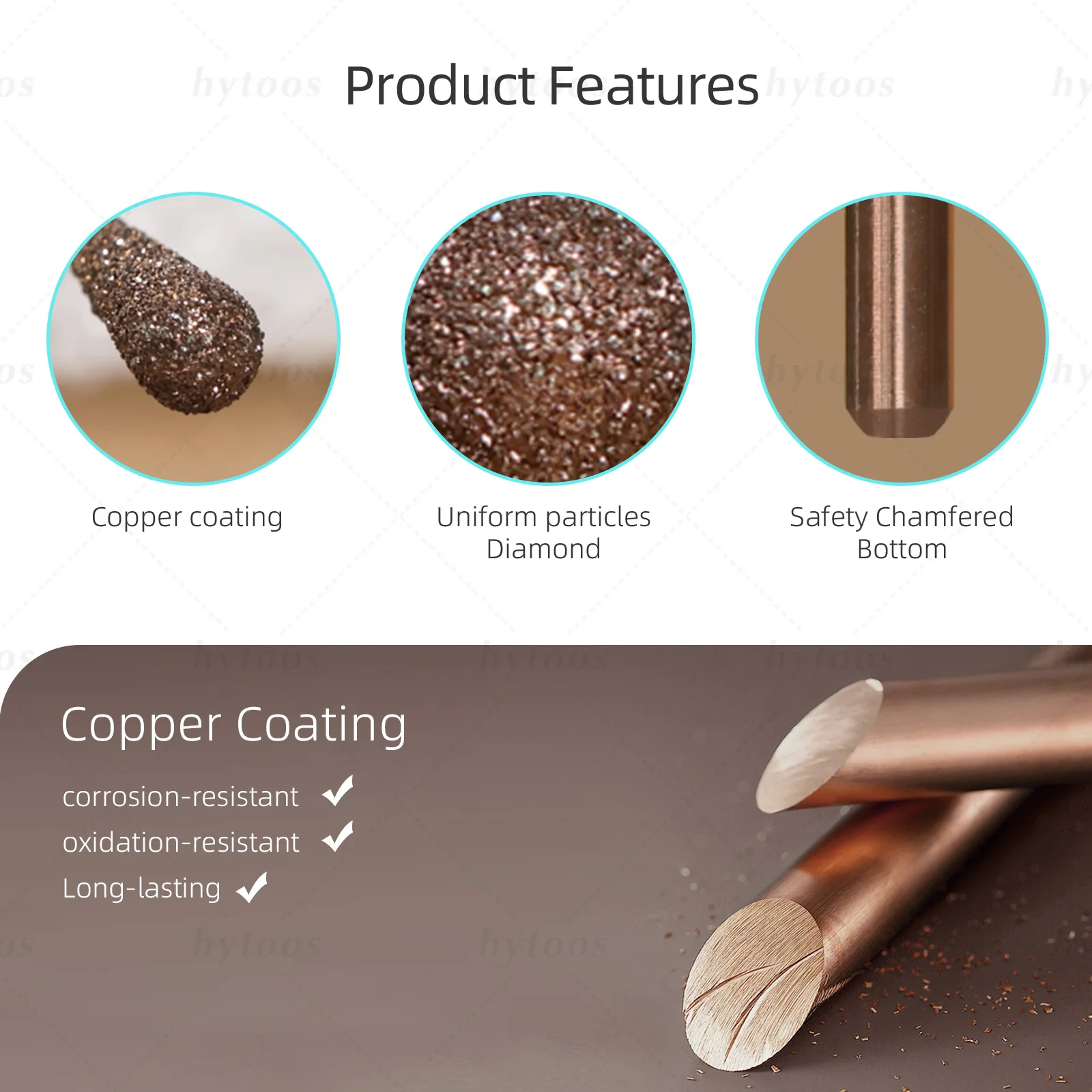 HYTOOS 3mm 페어 큐티클 클린 다이아몬드 네일 드릴 비트 전문가용 구리 코팅 러시안 버 각질 제거 매니큐어 도구