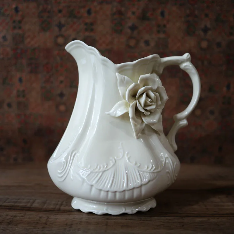 

Vintage Creamy Handmade Rose Stereo Relief Wide Mouth Vase Water Jar