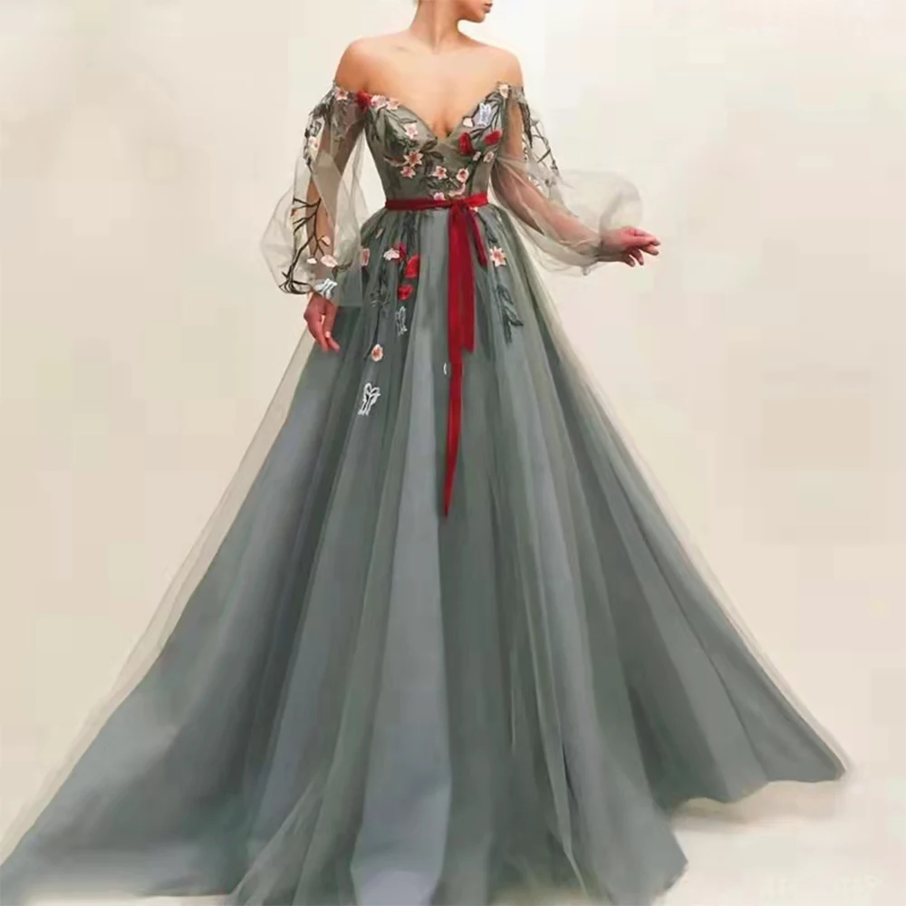 princess prom dresses Elegant Applique Prom Dresses V Neck Off Shoulder For Women Dress Grey Tulle Evening Gown Customize robes de soirée платье burgundy prom dresses