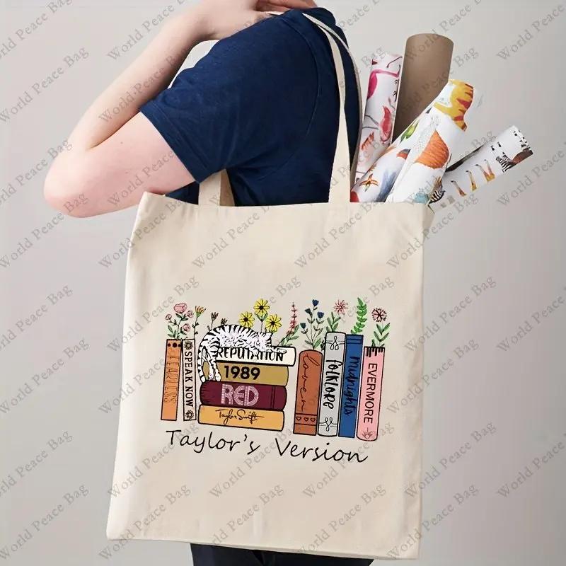 Taylor's Version 패턴 베이지 토트백, 쇼핑백, Taylor Merch 캔버스 캐주얼 숄더백, 크리스마스 생일 선물