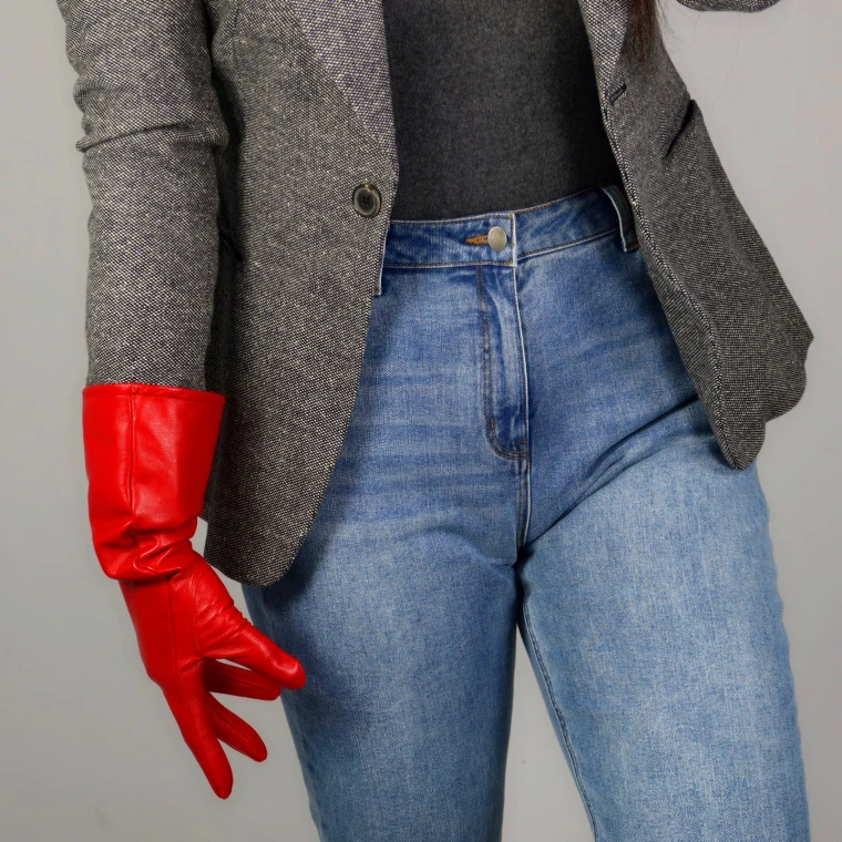REAL LEATHER TECH LONG GLOVES Unisex Brown 38cm Wide Balloon Puff Sleeves Large LLDLLNT