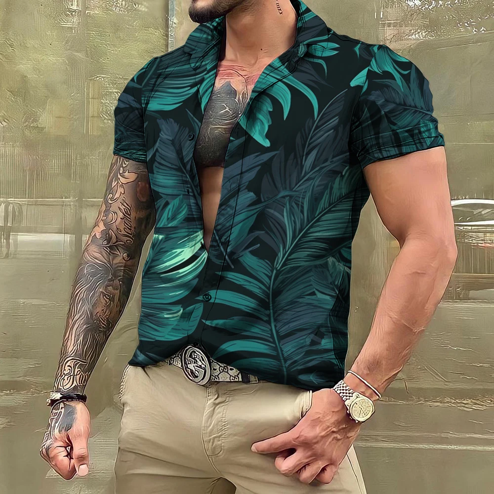 2024 Hawaiian Leaf Plant Shirts For Men Floral Short Sleeve Casual Oversized Tops Social Everyday Streetwear Clothing Tropical 3