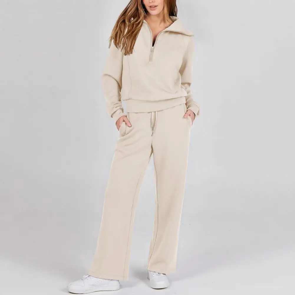 Women Two-piece Suit Cozy Fall Winter Tracksuit Set with Lapel Coat Wide Leg Trousers for Women Thick Loose Zipper Decor Outfit