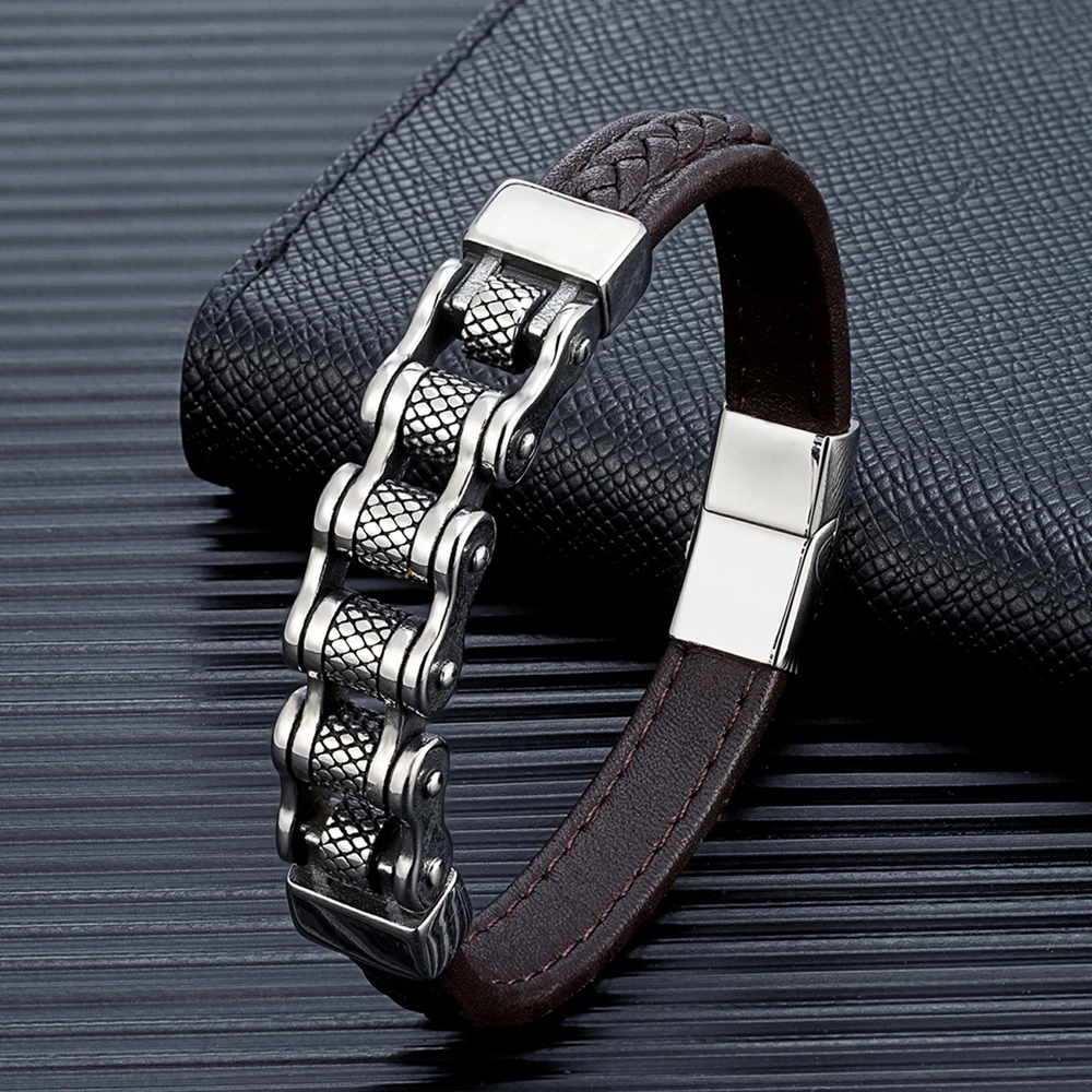 MKENDN Punk Men Biker Chain Braided Genuine Leather Bracelet Stainless Steel Magnetic Buckle Bracelet Gifts Homme Pulseras - Image 4