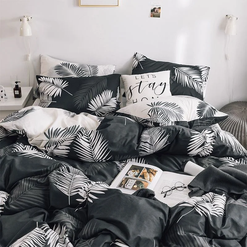 

INS White Black Feather Bedding Set Green Grid Stripe Duvet Cover Set Queen Twin Full Size Bed Flat Sheet Pillowcases