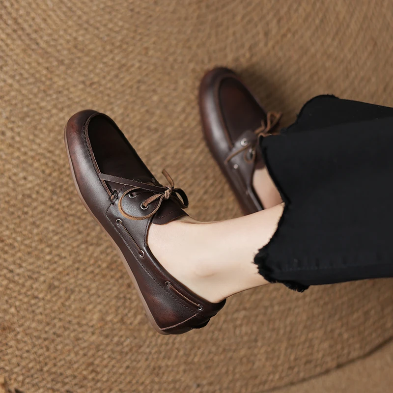 SmallHut New 2026 Trend Cow Suede Spring Women Flats Fashion Round Toe Lace Up Dark-Brown Caramel Apricot Light-Brown Flat Shoes