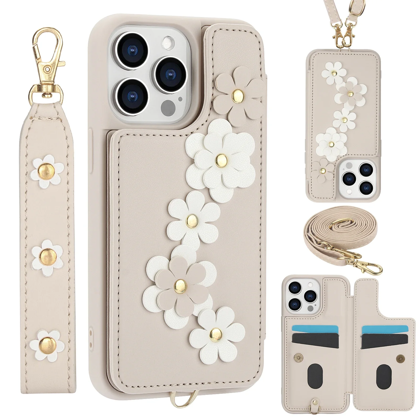 Skulderveske med håndleddsstropp og blomstermotiv til iPhone 16 15 14 13 12 11 Plus Pro Max XS XR X 7 8 Lommebok med kortholderdeksel_voghion.com