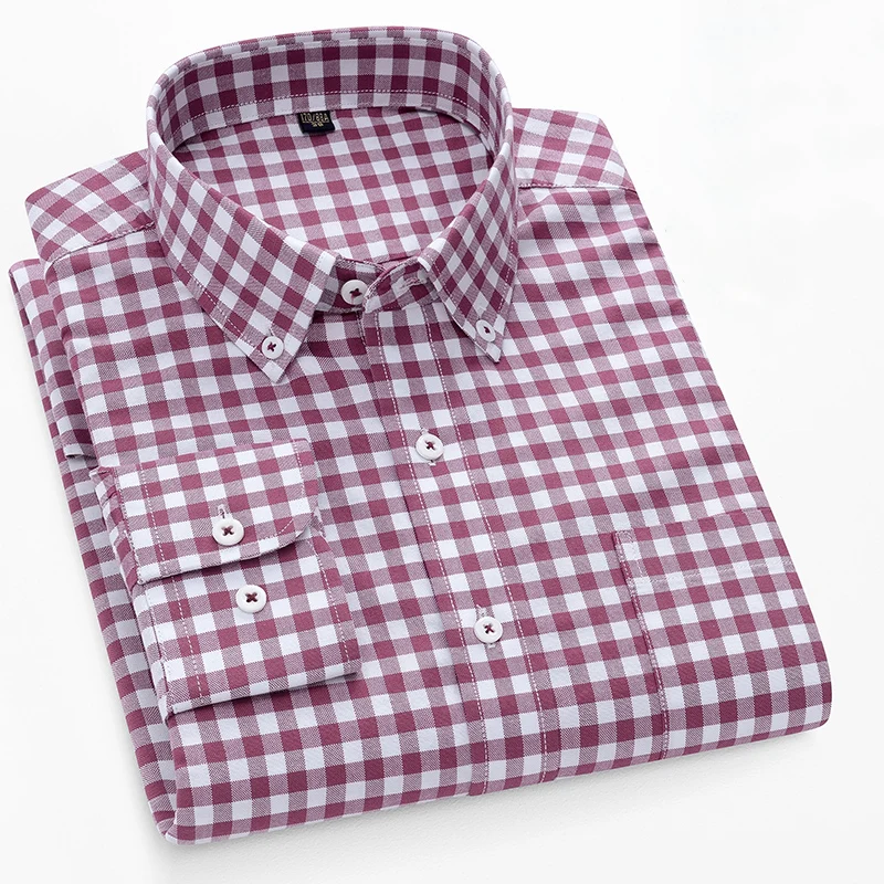 

100% Cotton Long Sleeve Men's Plaid Shirts Oxford Business Casual Checked Male Tops Office