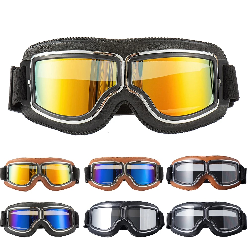 

Retro Leather Goggles Vintage Pilot Glasses Windproof Universal Outdoor Bicycle Motorcycle Cycling Ski Goggles For Harley Helmet