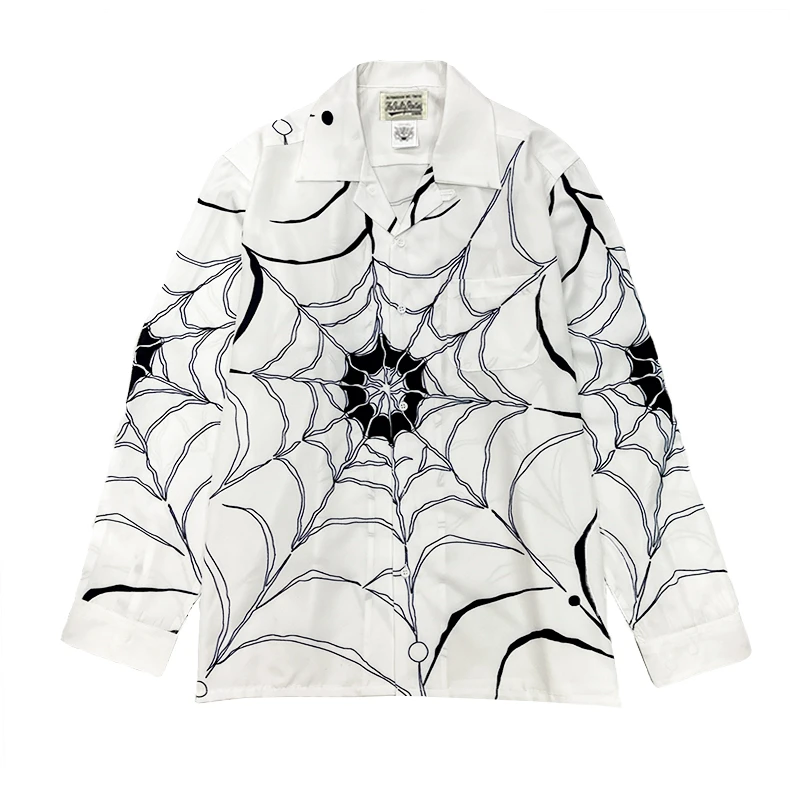 

New Spider Web Pattern WACKO MARIA Shirt Men Women Top Version Long sleeve Black White Hawaiian Shirts Casual Tee harajuku