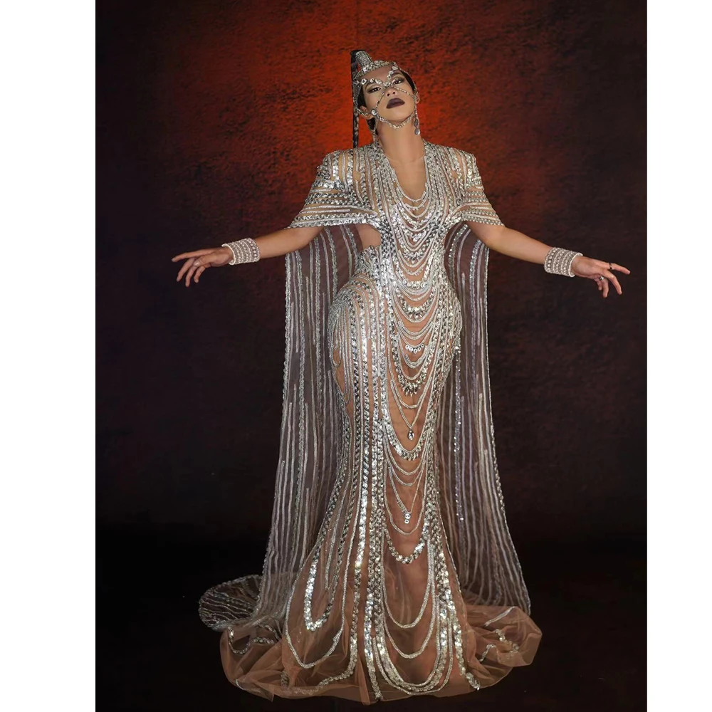 

Silver Sequins Crystals Transparent Long Trains Dress Outfit Evening Birthday Celebrate Sexy Dancer Performance Costume