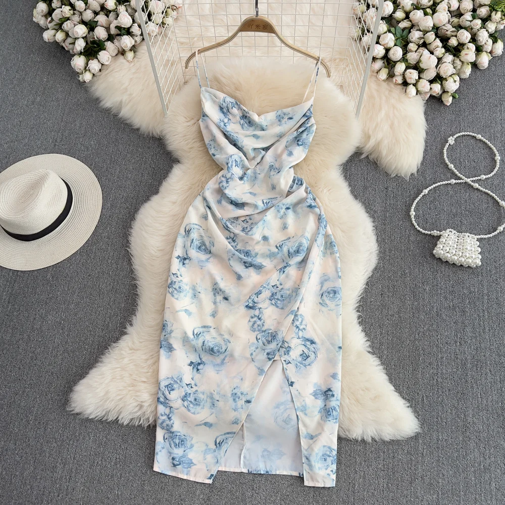 

Женское платье-комбинaПлатье-комбинация с принтом в виде галстука, сексуальное платье на бретелях с цветочным принтом для девочек, лето 2022, модное платье с ворсовым воротация без рукавов, с разрезом и открытой спиной