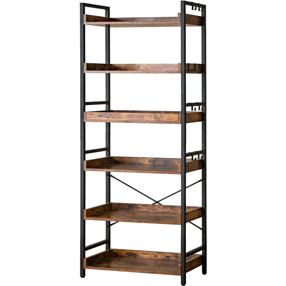 

HCHQHS Adjustable 6 Tier Open Bookcase, Rustic Farmhouse Book Shelves, Industrial Wood and Black Metal Bookshelves, Mid