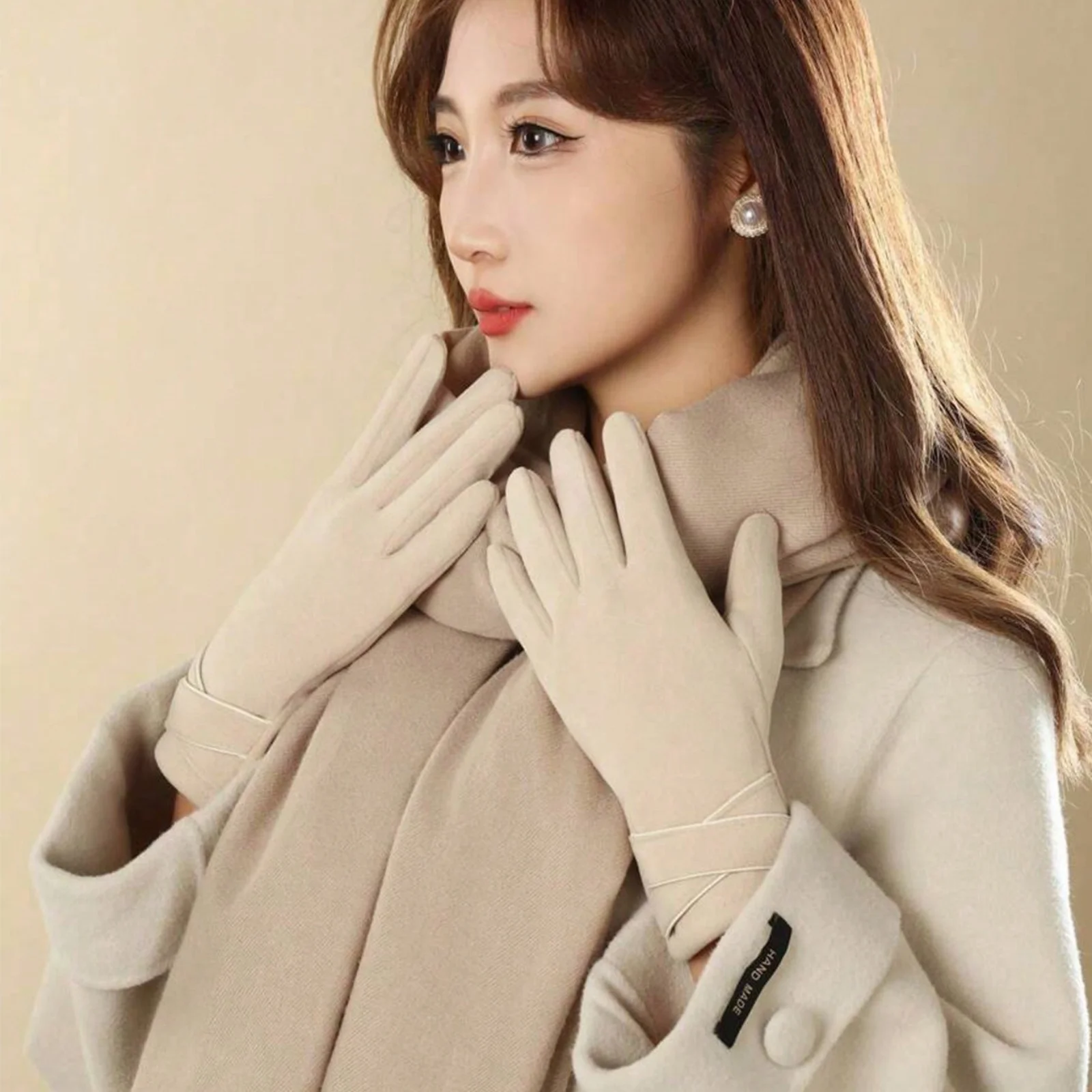 2PCS Beige Suede Gloves&Clutch Set, Stylish Cross-Strap Evening Accessories, Soft Touch Fashion Gloves,Elegant Party Handbag Set