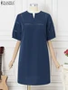 ZANZEA V-Neck Woman Sundress Elegant 2025 Summer Lace Insert Short Puff Sleeve Robes Loose Bohemian Casual Knee-length Dresses