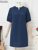 ZANZEA V-Neck Woman Sundress Elegant 2025 Summer Lace Insert Short Puff Sleeve Robes Loose Bohemian Casual Knee-length Dresses