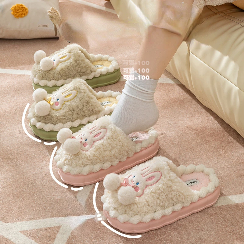 

2023Winter Indoor Cotton Slippers New Women Cartoon Plush Home Warmth Cute Rabbit Anti Slip Durable Couple Loafers Cotton Shoes