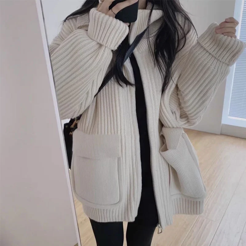 여성 하이넥 스웨터 가디건, 루즈한 단색 코트, 한국 레이지 스타일, 두꺼운 클라인 블루 니트 상의, 2023 가을 겨울 신상