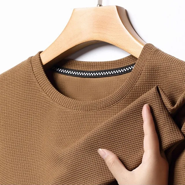 Men's New Summer Waffle round Neck Short Sleeve T-Shirt Comfortable Breathable Short-Sleeved Top for Men Casual Wear 2