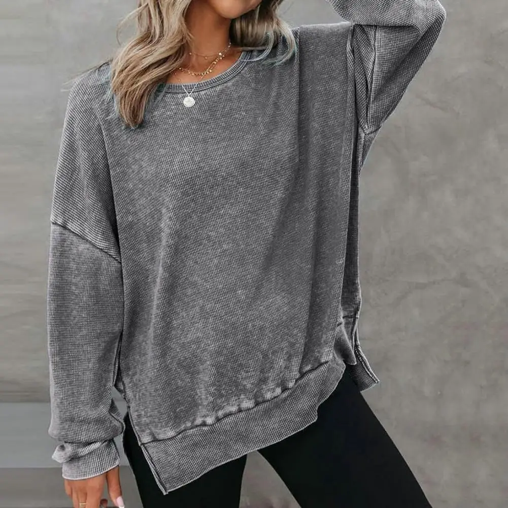 

Round-neck Solid Color Top Oversized Waffle Knit Crewneck Sweatshirts Women's Casual Pullover Tops with Long Sleeves Side Slits