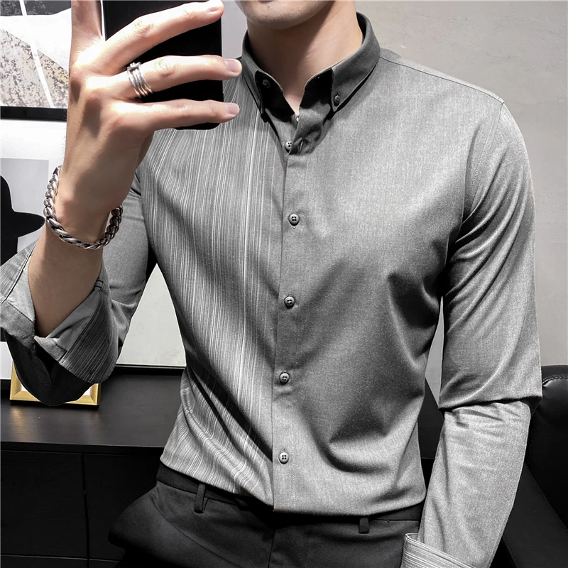 

Long Sleeve Stripe Shirt Men Clothing 2022 Autumn Business Formal Wear Chemise Homme Slim Fit Blouses Camisa Masculina W144