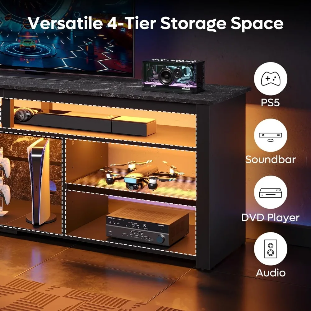 70 Inch TV Stand, Tall LED Entertainment Center for 70/75/80 inch TV, Gaming TV Cabinet with Storage for PS5, Modern TV Console 5