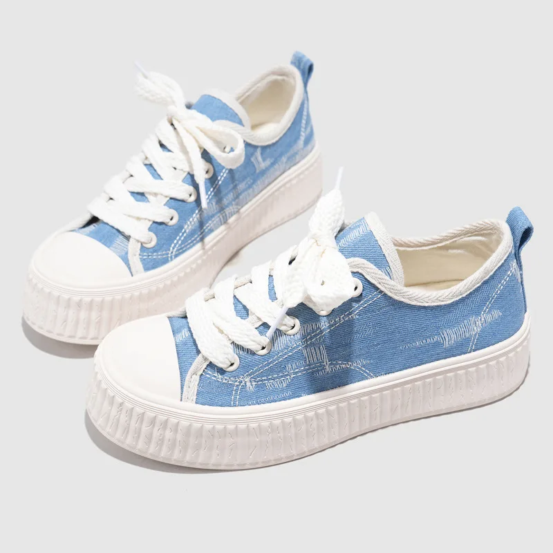 New Women Blue Denim Canvas Shoes Thick Outsole Female Sneaker Soft