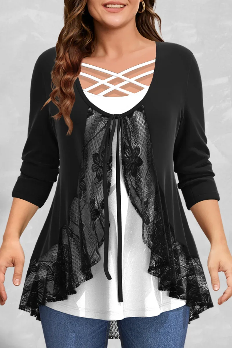 

Women's Plus Size T shirt Lace Side Long Sleeve Hollow Out Patchwork Tee Top Casual Fake Two Piece Top for Spring Clothing 2024