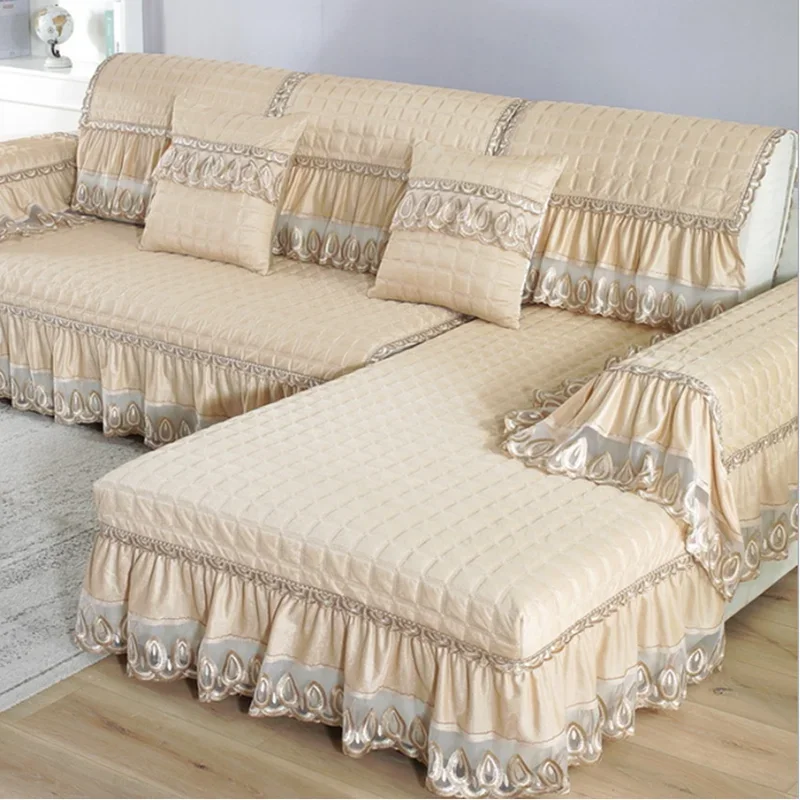 Velvet Sofa Cover Embroidery White Jacquard Lattice Towel Couch Anti-slip Armrest Backrest Sofa Coushion Living Room Seat Cover