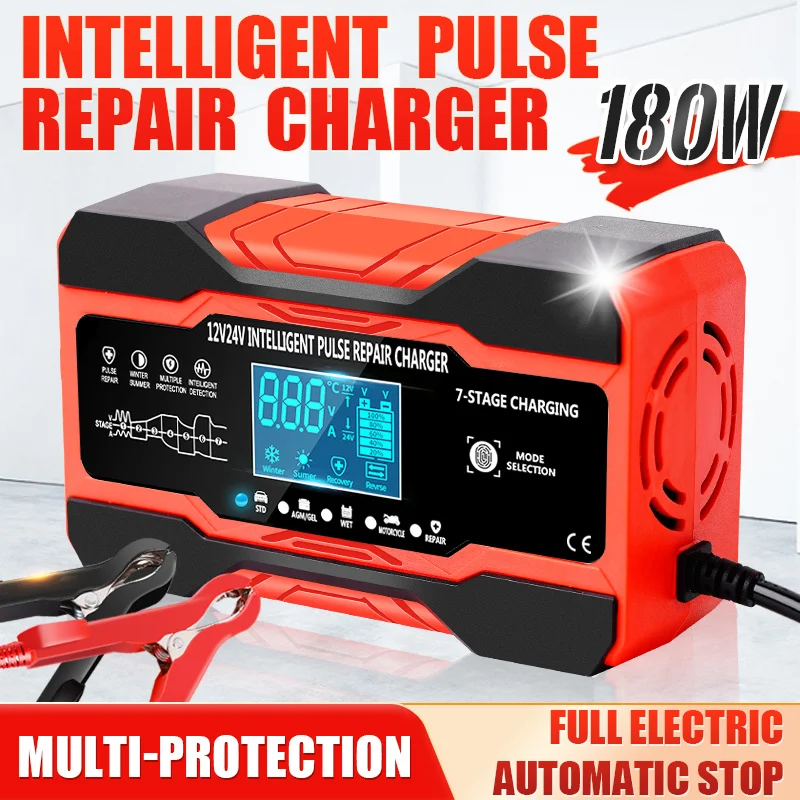 12V-24V 7-stage smart Car Battery-Charger Full Automatic 10A Digital Car Battery Charger Pulse Repair for AGM GEL WET Lead Acid car battery accessories
