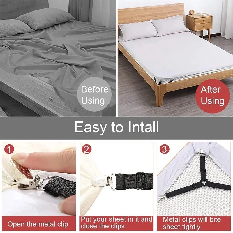 Bed Sheet Clips Straps Holder, Mattress Clips - Adjustable Elastic Bed Sheet Grippers Suspender Fasteners (Black Set Of 4