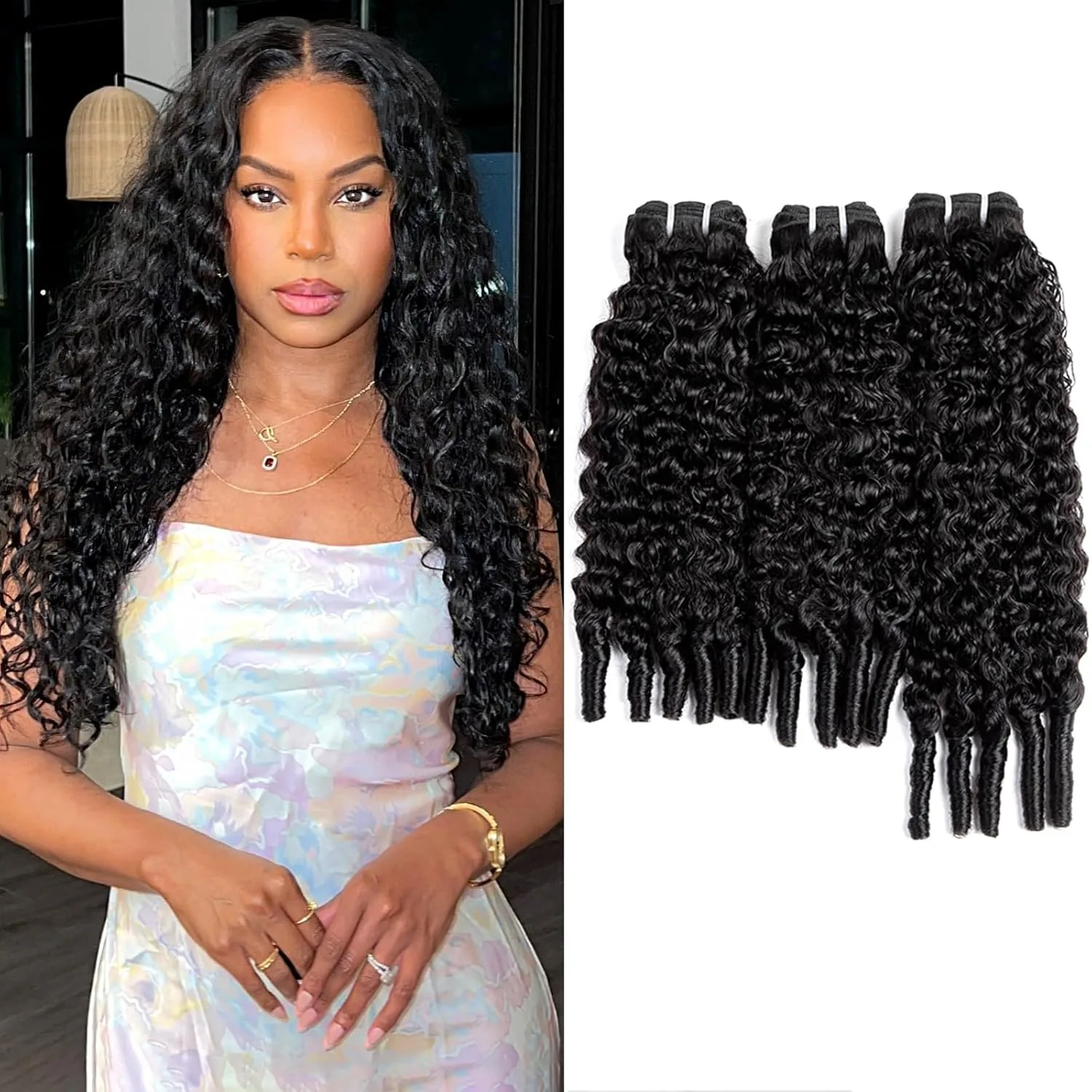 Fasci ricci birmani Capelli umani 3C4A Estremità a spirale Onda d'acqua Fasci di capelli vergini Estensioni per donne 22 pollici Nero naturale