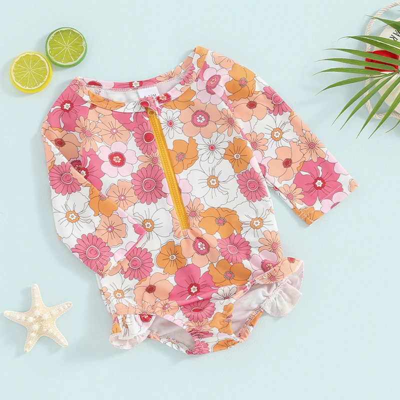 

Toddler Baby Girl Swimsuit Floral Long Sleeve Zipper Ruffle Bathing Suit UPF 50 Sun Protection Rash Guard Swimwear