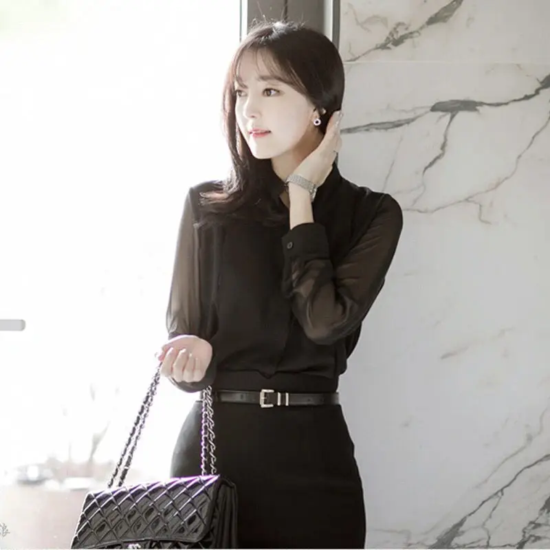 여성 블랙 빈티지 쉬폰 블라우스 봄 여름 거즈 긴 소매 스탠드 칼라 야생 패션 우아한 여성 풀오버 셔츠