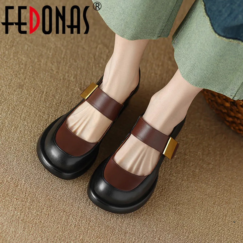 

FEDONAS Thick Heels Women Pumps Spring Summer Mixed Colors Round Toe Mary Janes Shoes Woman Genuine Leather Ladies Basic Casual