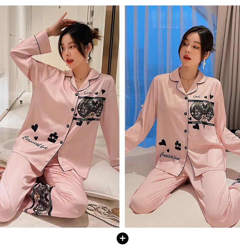 New pajamas women's imitation silk long-sleeved trousers retro love pink suit pijamas women silk pajamas for women