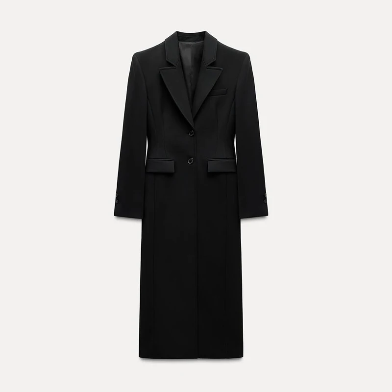Vintage Lapel Black Long Overcoat Women Slim High Waist Full Sleeve Single Breasted Shoulder Pad Coat New Spring Commute Outwear