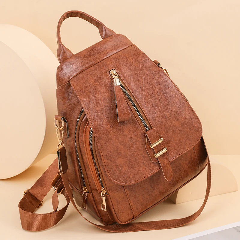 

Brown Delicate Ladies Backpack Original Elegant Vintage Pu Leather Women's Rucksack Teenage Girl Stylish Aesthetic Flap Knapsack