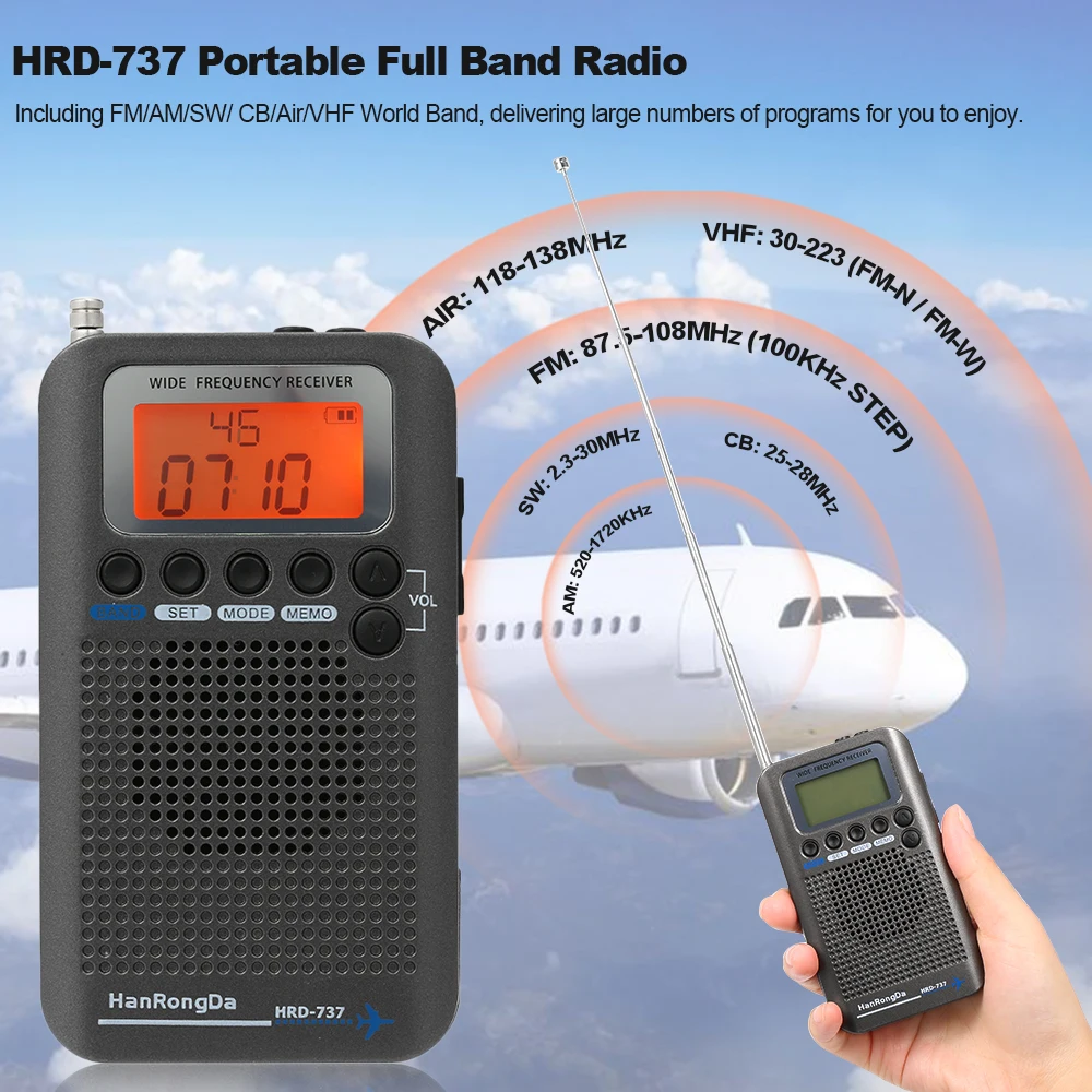 

2023 Portable Full Band Radio Aircraft Band Receiver FM/AM/SW/ CB/Air/VHF World Band with LCD Display Alarm Clock HRD-737