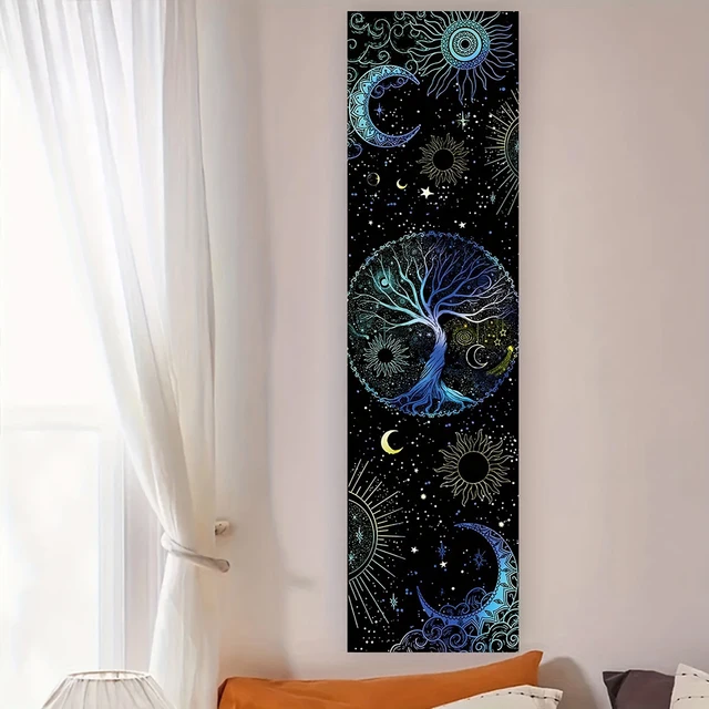 Tapisserie d'art arbre de vie bleu pour salon chambre à coucher, tapisserie esthétique verticale soleil lune tenture murale colorée, décoration de maison 2
