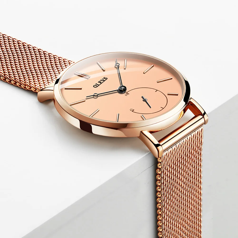 OLEVS Luxury Simple Design Fashion Watch for Women Rose Gold Mesh Belt Waterproof Quartz Watches Ladies Gift Reloj Mujer