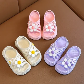 New Summer Children Slippers Flower Pattern Lithe Comfort Sandal For Aged 2-8 Girls Non-slip Seabeach Flip Flops Home Kids Shoes 1