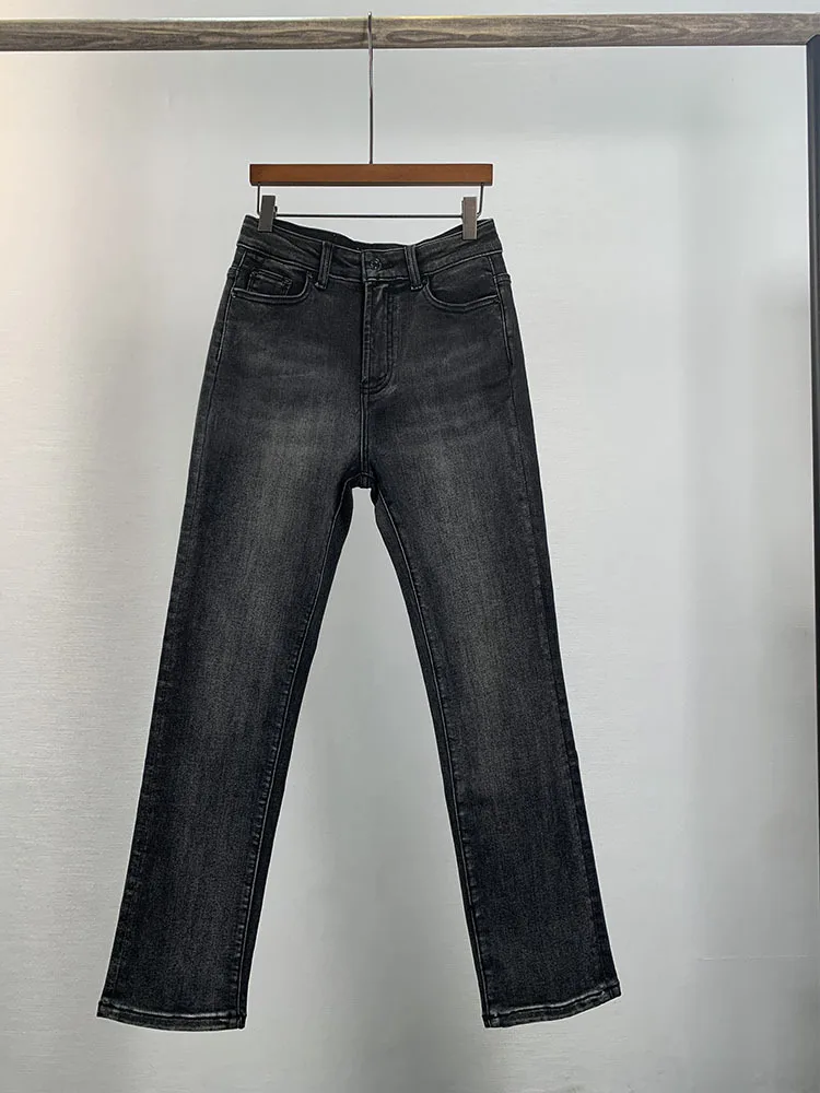 여성용 스트레이트 크롭 데님 바지, 하이 웨이스트 슬림, 다용도 신축성 청바지