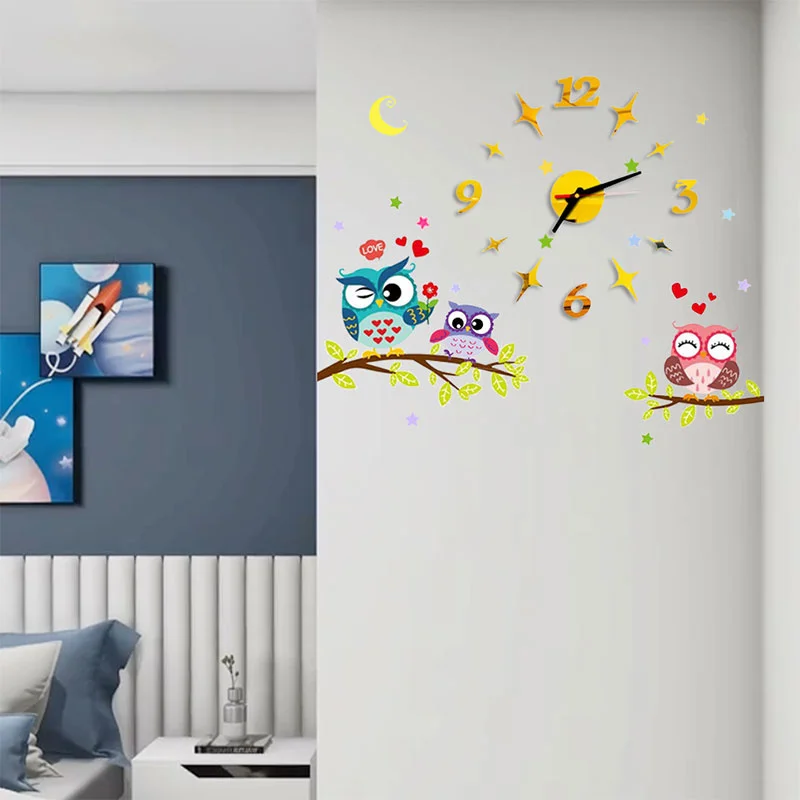 2022 Children'S Room 3D Diy Wall Clock Modern Home Decoration Owl Art Sticker Decal Acrylic Quartz Watch Living Wall Clocks