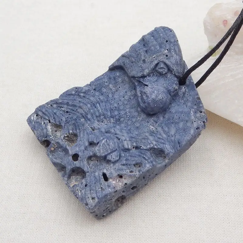 Semiprecious Natural Stone Blue Coral Carved Animal Pendant Bead Fashion Jewelry Necklace Accessories 51x39x12mm 29g