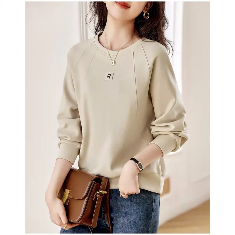 Women's Spring Autumn Solid Pullover Crew Neck Letter Patch Long Sleeve T-shirt Loose Hoodies Casual Vintage Office Lady Tops