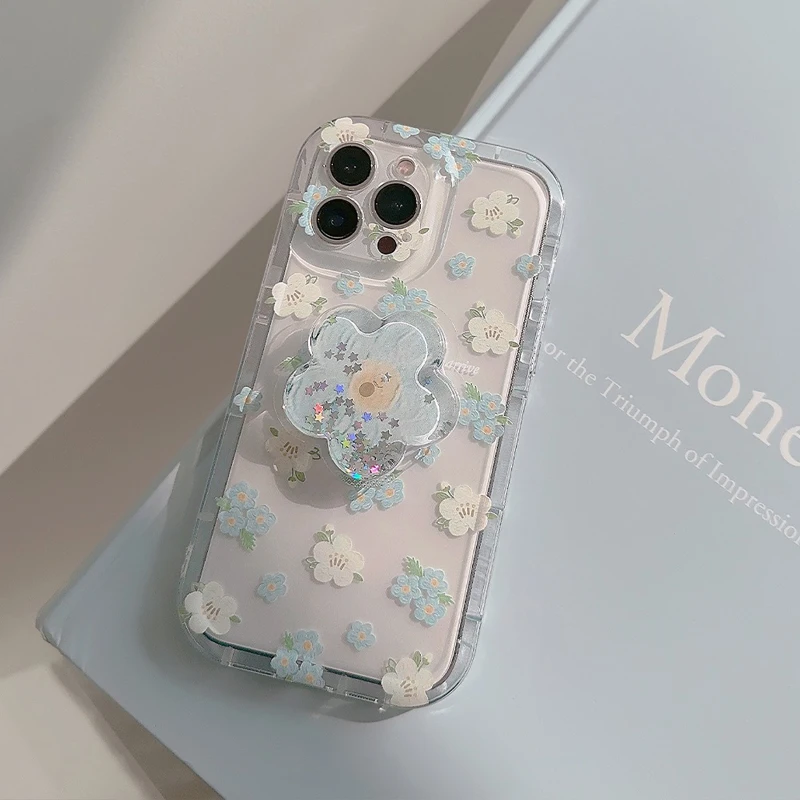 Floral Quicksand Phone Case with Stand - Cute and Soft Clear Cover
