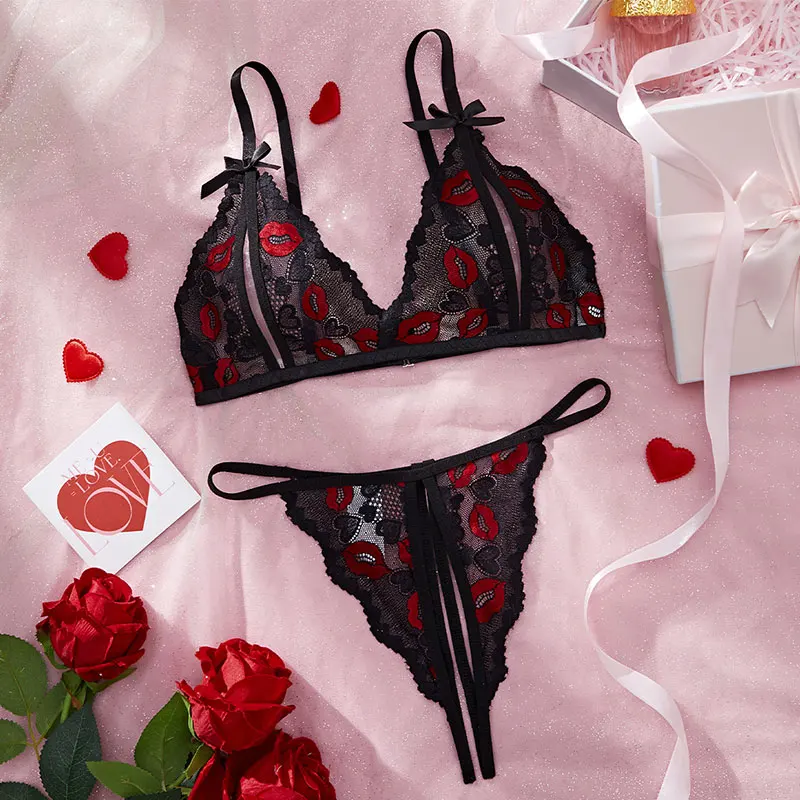 Thin Style G-string Sexy Women 2 Piece Set Floral Embroidery Underwear Sexy Erotic Lingerie Underwear Lenceria Sets